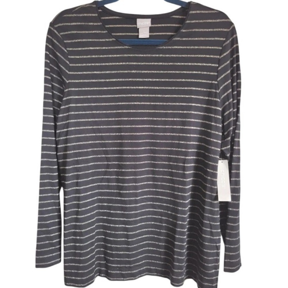 Chico's 2 Black‎ Gold Striped Pullover Tunic Top Long Sleeve NWT RV $72